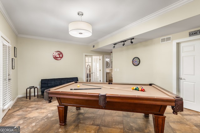 recreation room featuring crown molding, track lighting, visible vents, pool table, and french doors