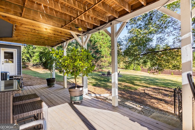 wooden deck with fence and a lawn