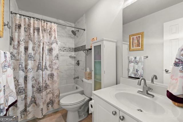 full bathroom featuring toilet, shower / bathtub combination with curtain, tile patterned flooring, and vanity