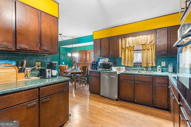 kitchen featuring light wood finished floors, a sink, backsplash, dark countertops, and appliances with stainless steel finishes