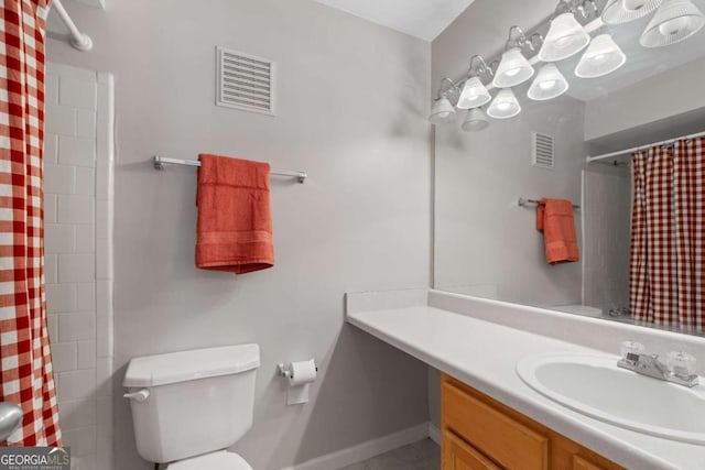 bathroom with visible vents, a shower with shower curtain, toilet, and vanity