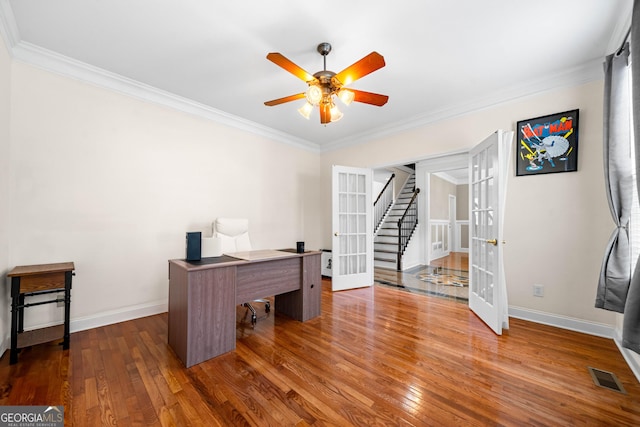 209 Braemar Ct, Mcdonough, GA 30253 - office with crown molding, a ceiling fan, visible vents, and french doors