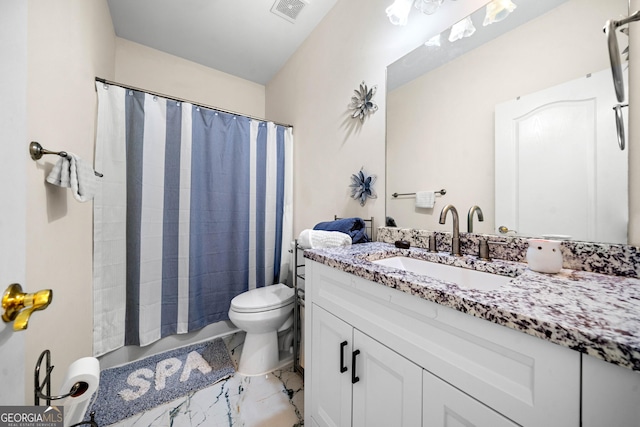 209 Braemar Ct, Mcdonough, GA 30253 - bathroom with visible vents, vanity, marble finish floor, toilet, and shower / bathtub combination with curtain