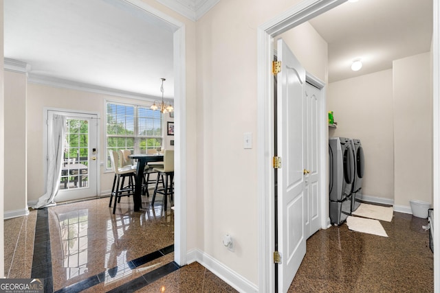 209 Braemar Ct, Mcdonough, GA 30253 - laundry area with baseboards, washing machine and dryer, ornamental molding, and granite finish floor