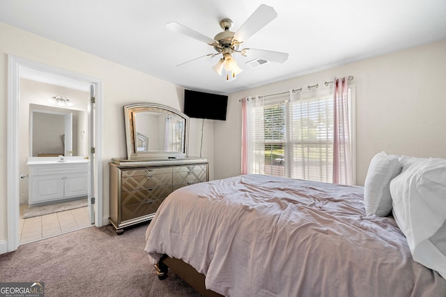 209 Braemar Ct, Mcdonough, GA 30253 - bedroom featuring carpet flooring, ceiling fan, a sink, ensuite bathroom, and visible vents