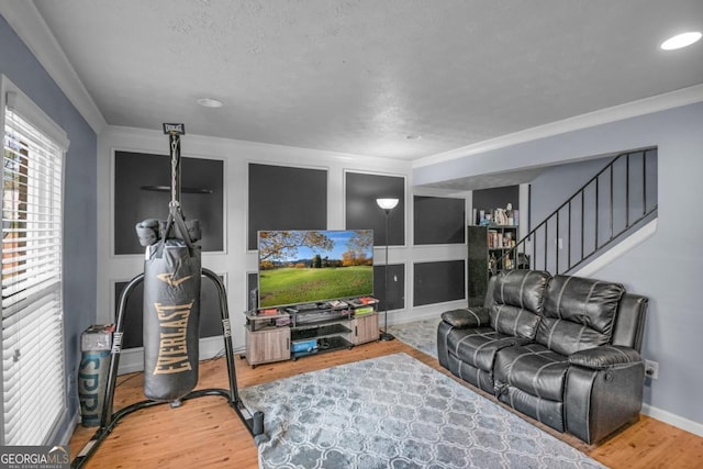 3162 Citrus Ct, Decatur, GA 30034 - living area featuring stairway, wood finished floors, crown molding, and baseboards