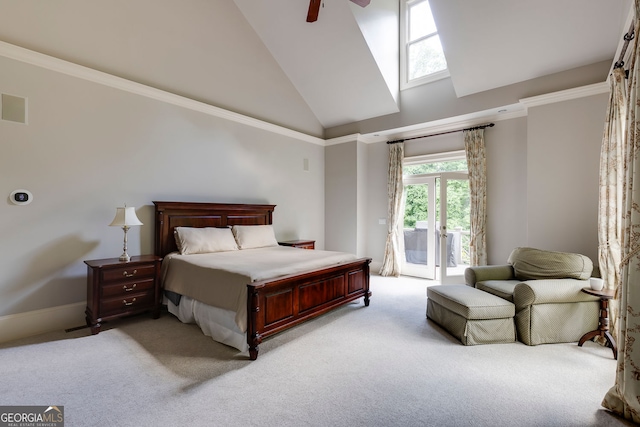 bedroom featuring access to outside, light carpet, high vaulted ceiling, ceiling fan, and crown molding
