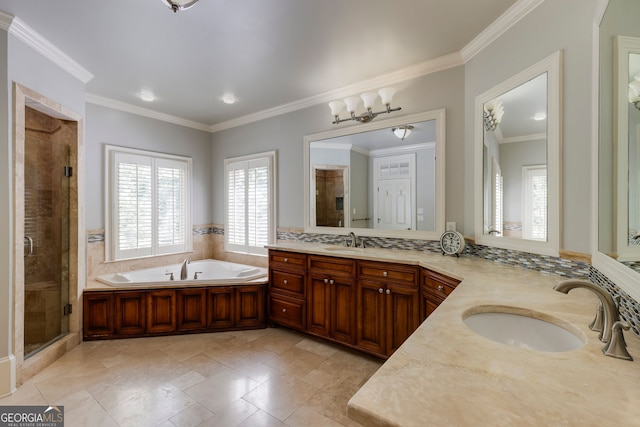 full bathroom with a garden tub, a shower stall, crown molding, and double vanity
