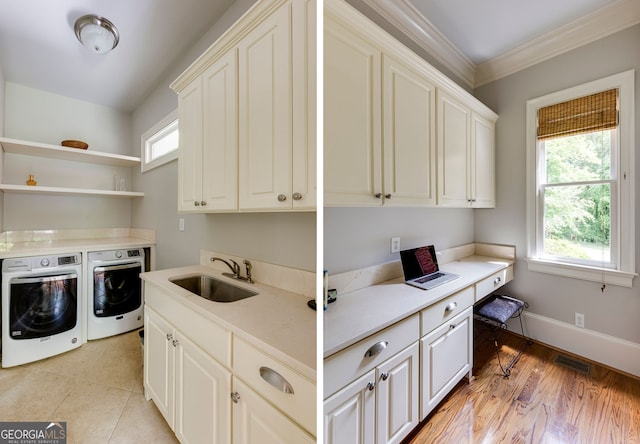 laundry area with washer and clothes dryer, cabinet space, ornamental molding, a desk, and baseboards