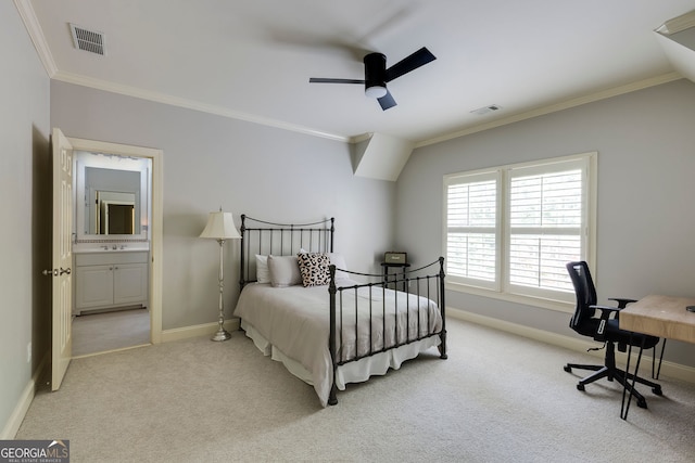 carpeted bedroom with baseboards, ornamental molding, a ceiling fan, and a desk
