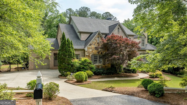 view of front of house with concrete driveway, stone siding, roof with shingles, and an attached garage