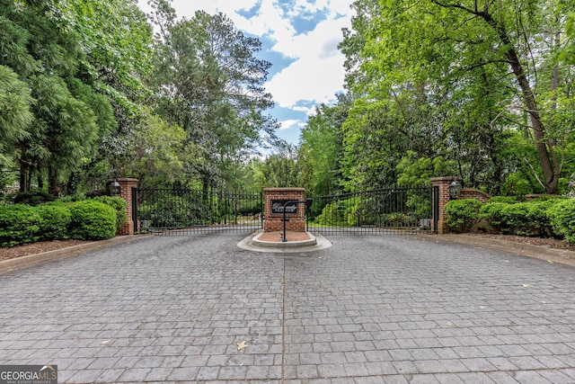 view of street featuring a gate, curbs, and a gated entry