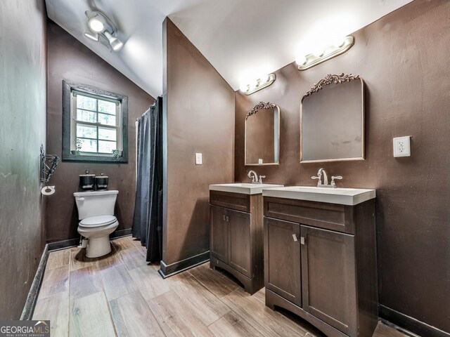 1141 Addington Ln, Waleska, GA 30183 - bathroom with toilet, a sink, vaulted ceiling, and wood finished floors