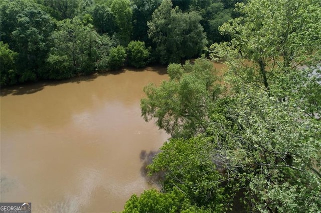 drone / aerial view with a water view and a view of trees