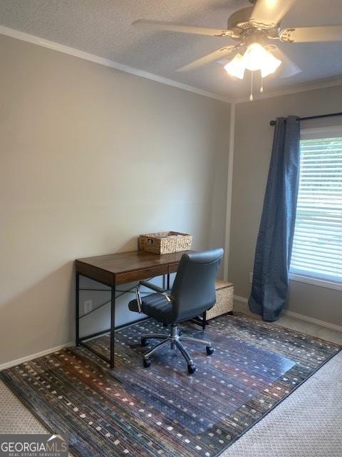 196 SE Stembridge Rd SE, Milledgeville, GA 31061 - carpeted home office featuring baseboards, crown molding, and ceiling fan