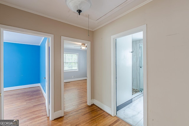 hall featuring light wood-type flooring, attic access, baseboards, and crown molding