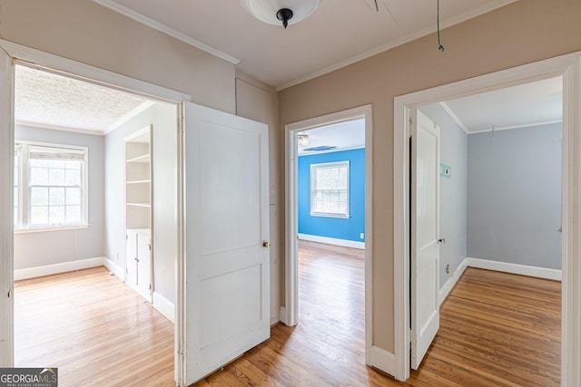 hallway with baseboards, ornamental molding, a healthy amount of sunlight, and light wood finished floors
