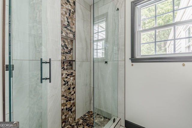 bathroom featuring a healthy amount of sunlight and a shower stall