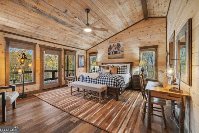 194 Blue Sky Overlook, Blue Ridge, GA 30513 - bedroom with wood ceiling, hardwood / wood-style flooring, access to outside, wooden walls, and vaulted ceiling with beams