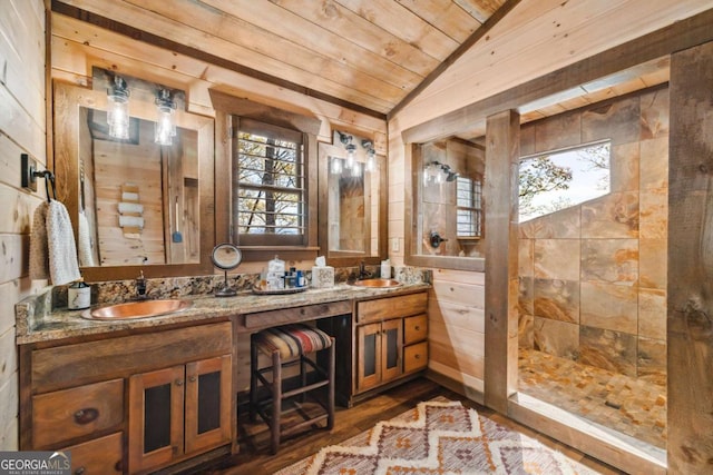 194 Blue Sky Overlook, Blue Ridge, GA 30513 - bathroom with a sink, wooden ceiling, lofted ceiling, double vanity, and wood finished floors