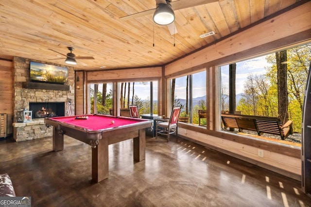 194 Blue Sky Overlook, Blue Ridge, GA 30513 - rec room featuring wood ceiling, visible vents, concrete flooring, pool table, and a ceiling fan
