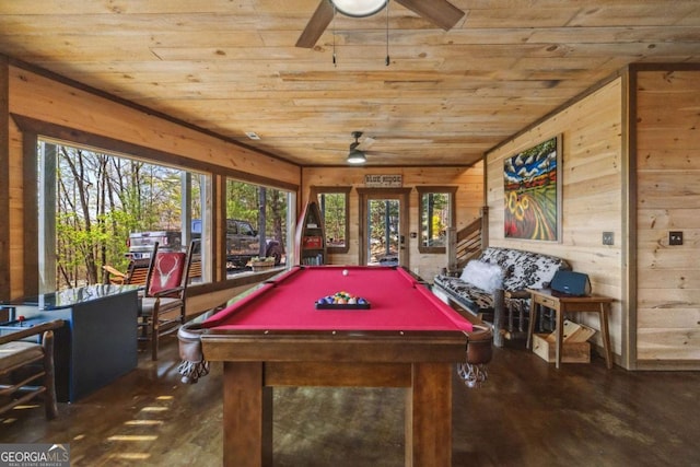 194 Blue Sky Overlook, Blue Ridge, GA 30513 - recreation room featuring wood ceiling, ceiling fan, wooden walls, pool table, and wood finished floors