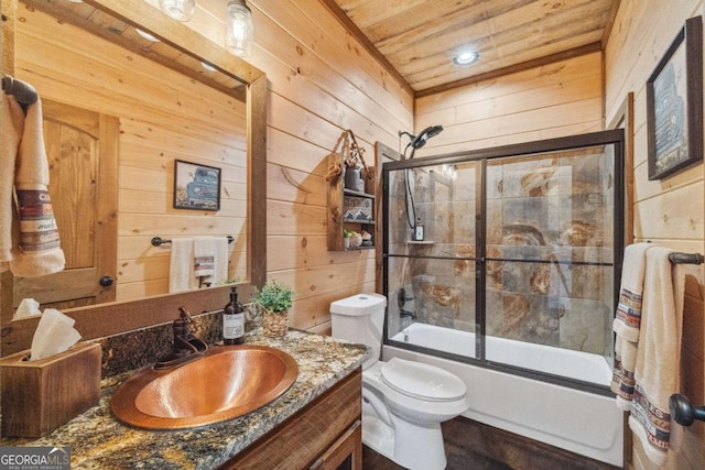 194 Blue Sky Overlook, Blue Ridge, GA 30513 - bathroom with wooden walls, toilet, vanity, and wood ceiling