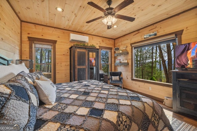 194 Blue Sky Overlook, Blue Ridge, GA 30513 - bedroom with wood walls, a wall mounted AC, and wooden ceiling