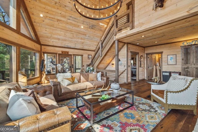 194 Blue Sky Overlook, Blue Ridge, GA 30513 - living room featuring recessed lighting, a chandelier, wood-type flooring, wood walls, and wood ceiling