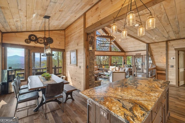 194 Blue Sky Overlook, Blue Ridge, GA 30513 - dining area featuring lofted ceiling, wood ceiling, a notable chandelier, wooden walls, and dark wood-type flooring