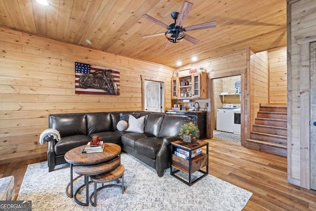 283 Blue Sky Overlook, Blue Ridge, GA 30513 - living room with wooden ceiling, wood finished floors, a ceiling fan, and wooden walls