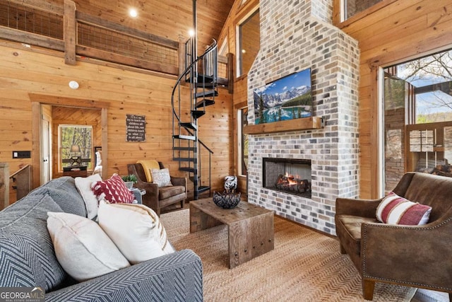 283 Blue Sky Overlook, Blue Ridge, GA 30513 - living room featuring wooden walls, high vaulted ceiling, a wealth of natural light, and wood ceiling