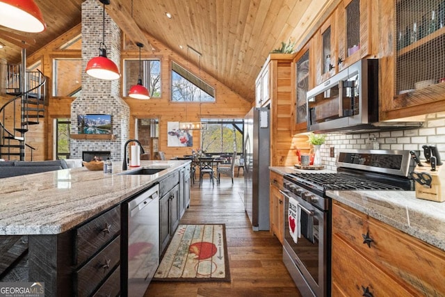 283 Blue Sky Overlook, Blue Ridge, GA 30513 - kitchen with a sink, high vaulted ceiling, wooden ceiling, and appliances with stainless steel finishes