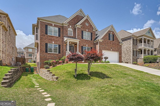 9843 Talisman Dr, Johns Creek, GA 30022 - view of front of home featuring brick siding, a garage, a front yard, and concrete driveway