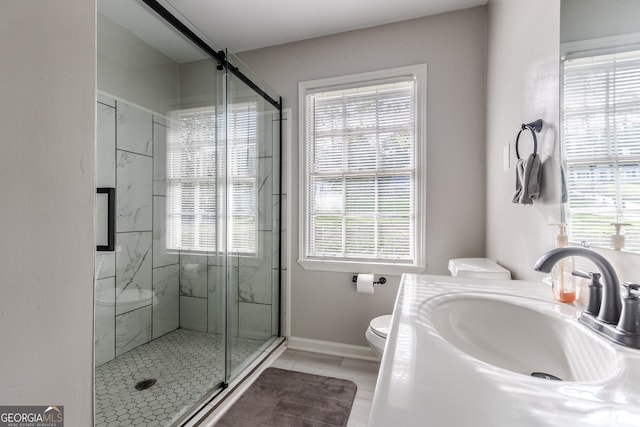 2174 Beecher Rd SW, Atlanta, GA 30311 - full bathroom featuring toilet, baseboards, a healthy amount of sunlight, and a stall shower