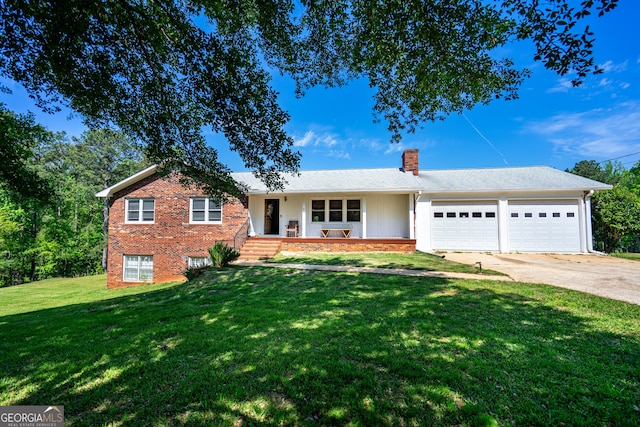 ranch-style house featuring a front lawn, a chimney, brick siding, concrete driveway, and an attached garage