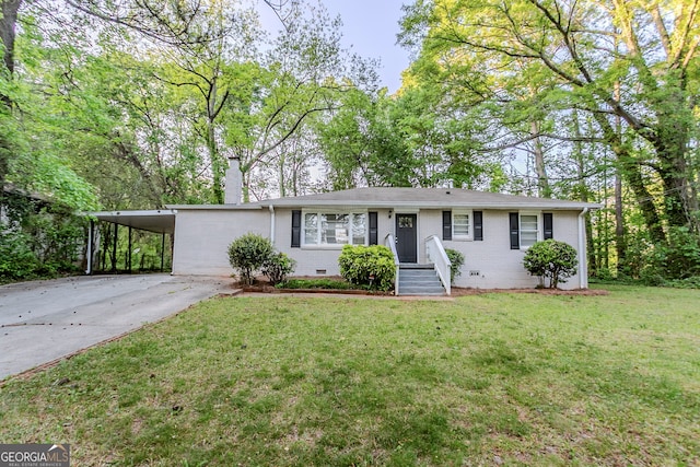 ranch-style house with a carport, concrete driveway, a chimney, crawl space, and a front lawn