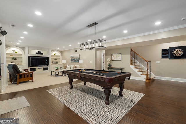 945 Hampton Bluff Dr, Milton, GA 30004 - game room featuring crown molding, wood-type flooring, recessed lighting, billiards, and visible vents