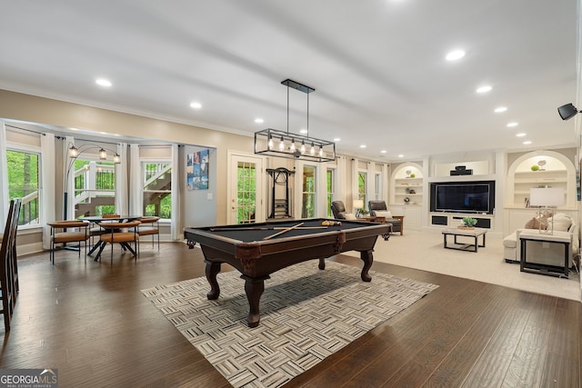 945 Hampton Bluff Dr, Milton, GA 30004 - game room with pool table, built in features, dark wood-style floors, ornamental molding, and recessed lighting