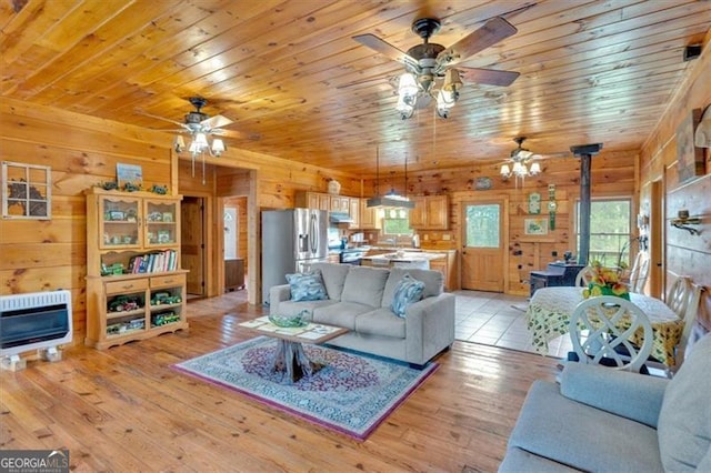 2791 Back Valley Rd, Lyerly, GA 30730 - living area featuring ceiling fan, a wood stove, and wood walls