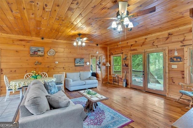 2791 Back Valley Rd, Lyerly, GA 30730 - living area featuring wood walls, ceiling fan, wood finished floors, and wooden ceiling
