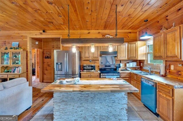 2791 Back Valley Rd, Lyerly, GA 30730 - kitchen with wooden walls, appliances with stainless steel finishes, under cabinet range hood, and wood counters