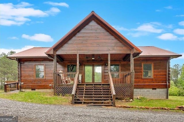 2791 Back Valley Rd, Lyerly, GA 30730 - chalet / cabin with stairway, a porch, metal roof, and crawl space