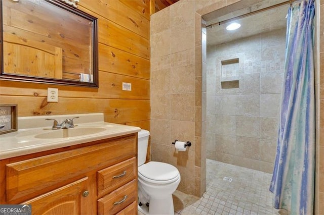 2791 Back Valley Rd, Lyerly, GA 30730 - full bath with vanity, wood walls, a tile shower, and toilet
