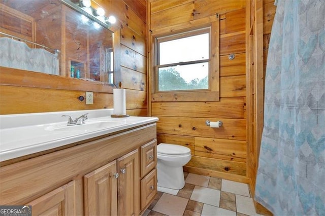 2791 Back Valley Rd, Lyerly, GA 30730 - bathroom with vanity, a shower with shower curtain, wooden walls, and toilet