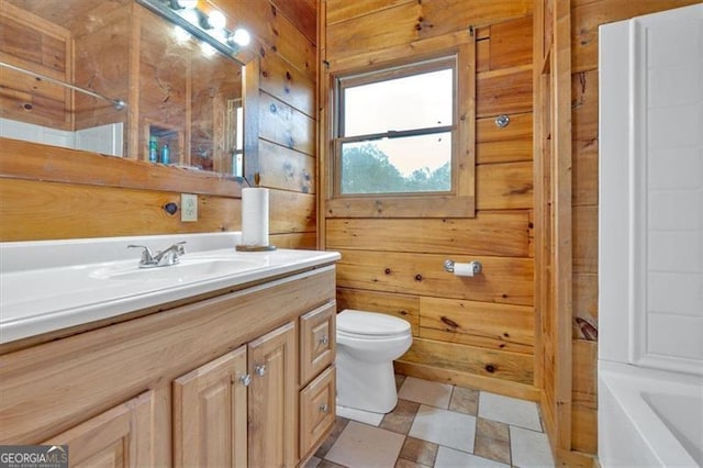 2791 Back Valley Rd, Lyerly, GA 30730 - bathroom with wooden walls, walk in shower, vanity, a bathing tub, and toilet