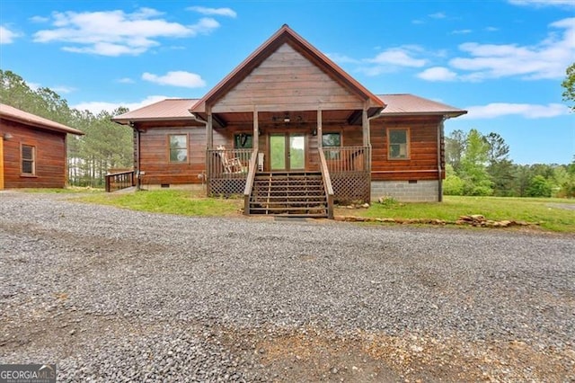 2791 Back Valley Rd, Lyerly, GA 30730 - chalet / cabin featuring covered porch, crawl space, metal roof, and stairs