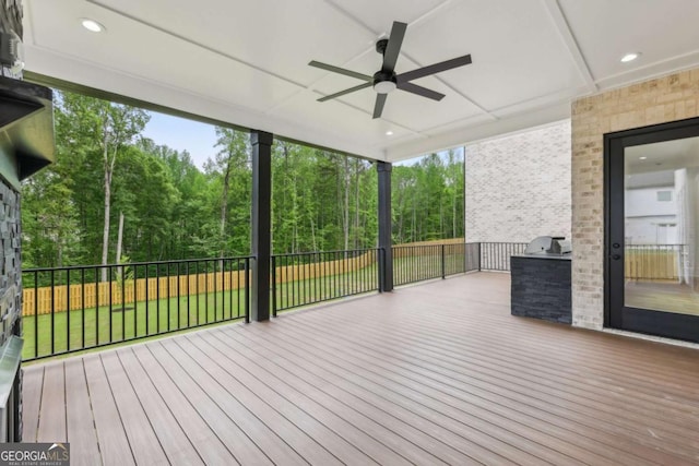 1255 E M Croy Rd, Sugar Hill, GA 30518 - wooden deck featuring a ceiling fan, a yard, and view of scattered trees
