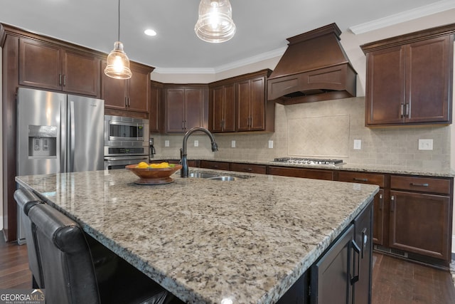kitchen featuring a sink, dark wood-style flooring, appliances with stainless steel finishes, and premium range hood