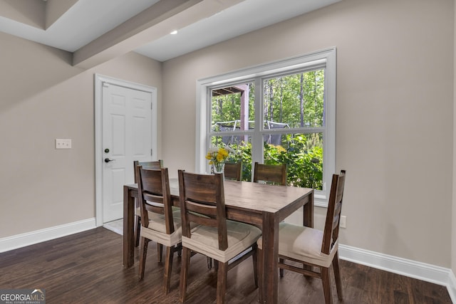 dining space with baseboards and dark wood-type flooring
